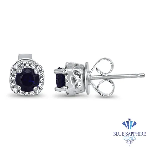 0.77ctw Round Blue Sapphire Earrings with diamond halo in 18K White Gold