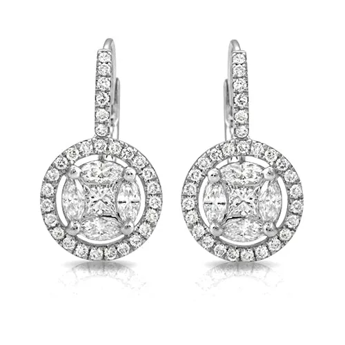 1.09 ct. Halo Diamond Dangling Earrings in 18k Gold