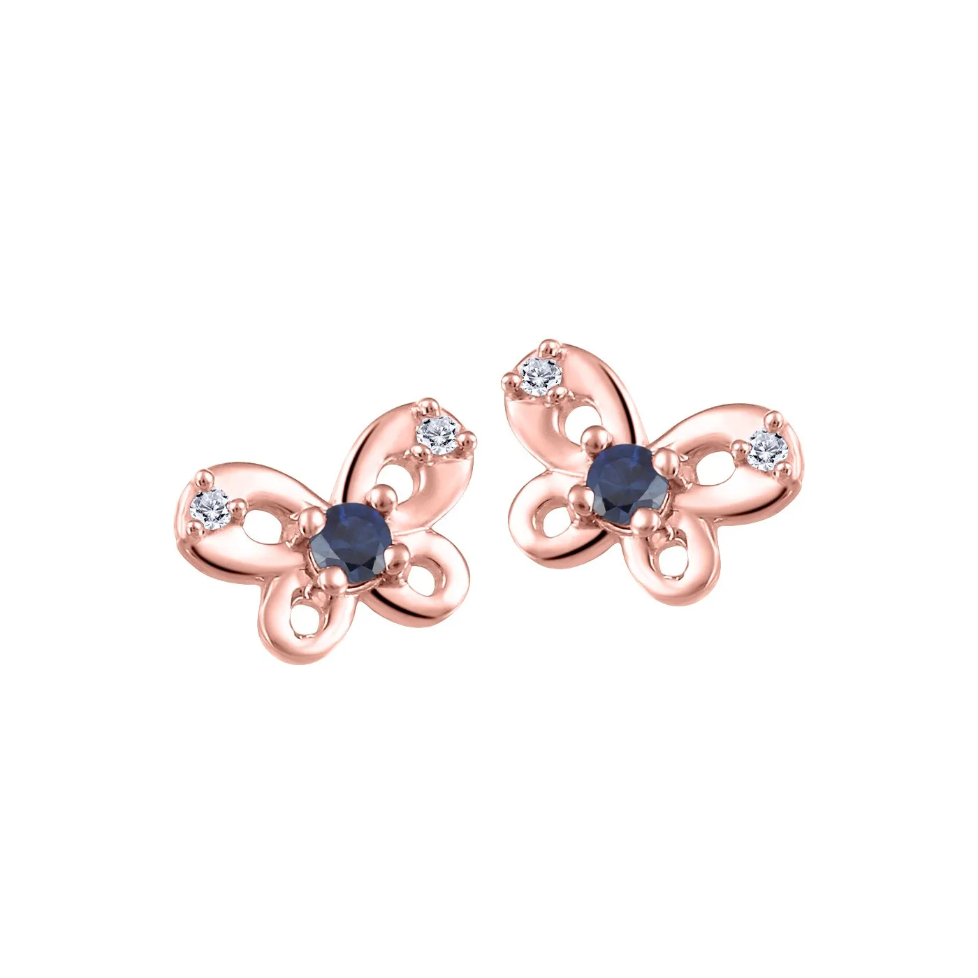 10K Gold Chilren's Blue Sapphire (September) Birthstone and Diamond Butterfly Earrings