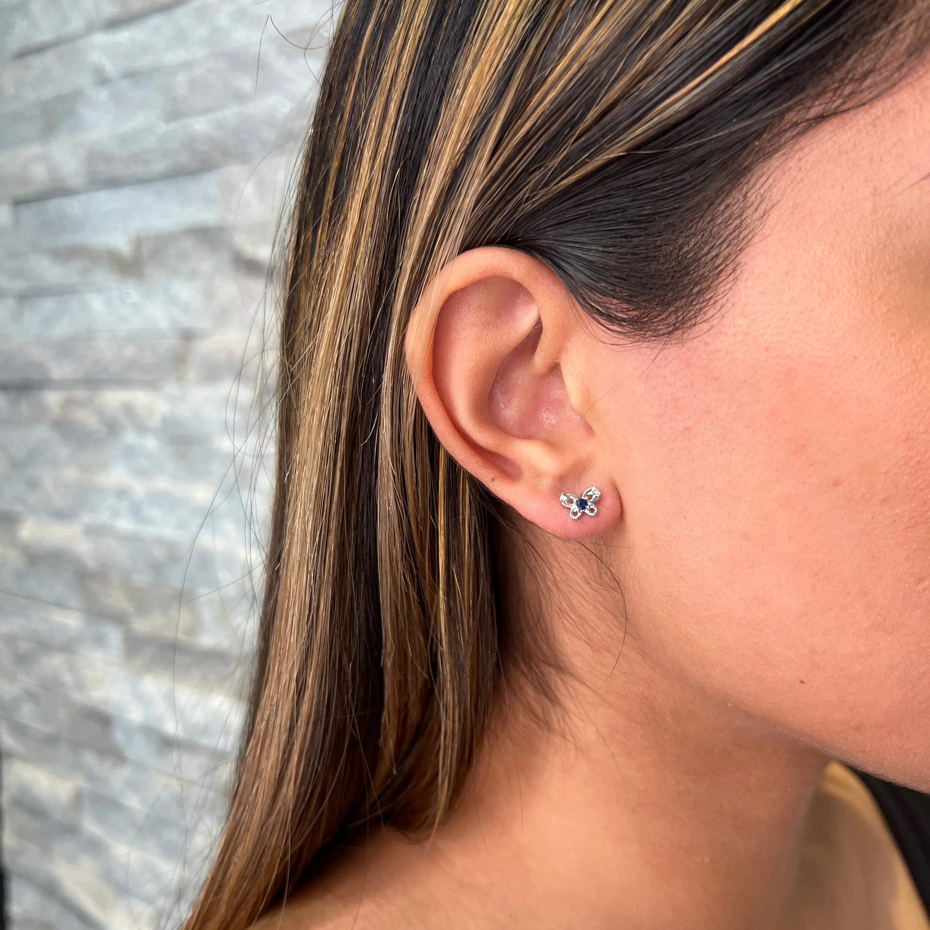 10K Gold Chilren's Blue Sapphire (September) Birthstone and Diamond Butterfly Earrings