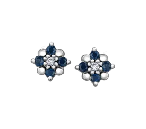 10k White Gold Blue Sapphire and Diamond Floral stud Earrings