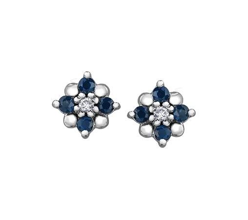 10k White Gold Blue Sapphire and Diamond Floral stud Earrings
