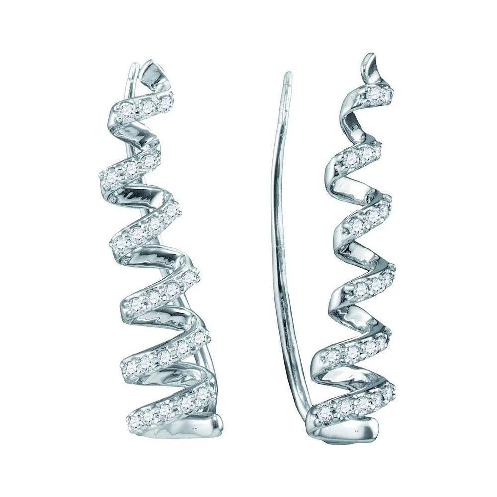 10K White Gold Round Diamond Coil Climber Earrings 1/4 Cttw