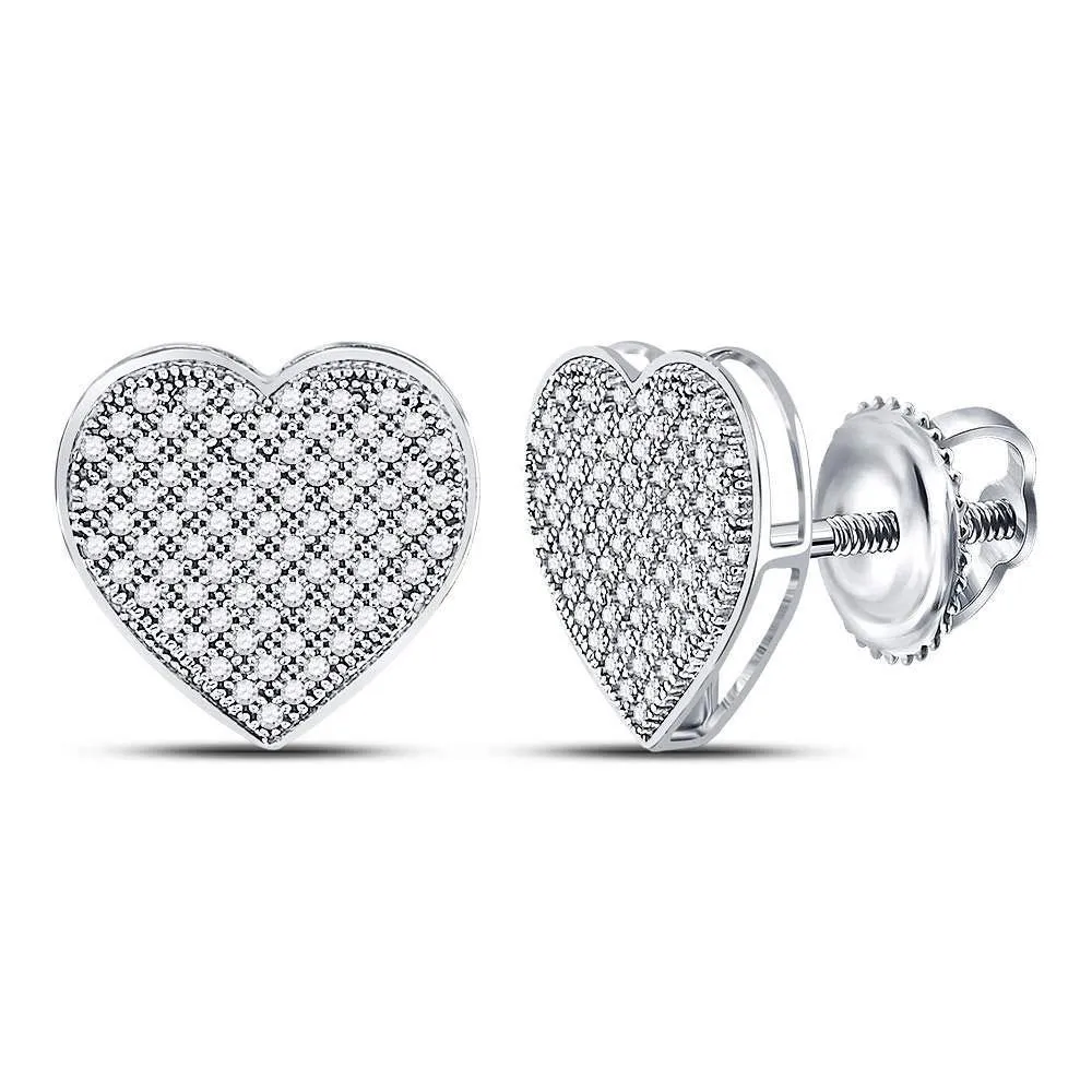 10K White Gold Round Diamond Heart Cluster Earrings 1/2 Cttw