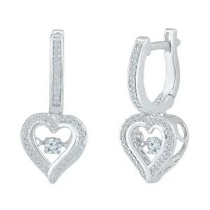 10K White Gold Round Diamond Heart Dangle Hoop Earrings 1/4 Cttw