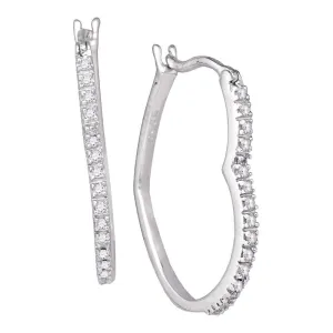 10K White Gold Round Diamond Heart Hoop Earrings 1/10 Cttw