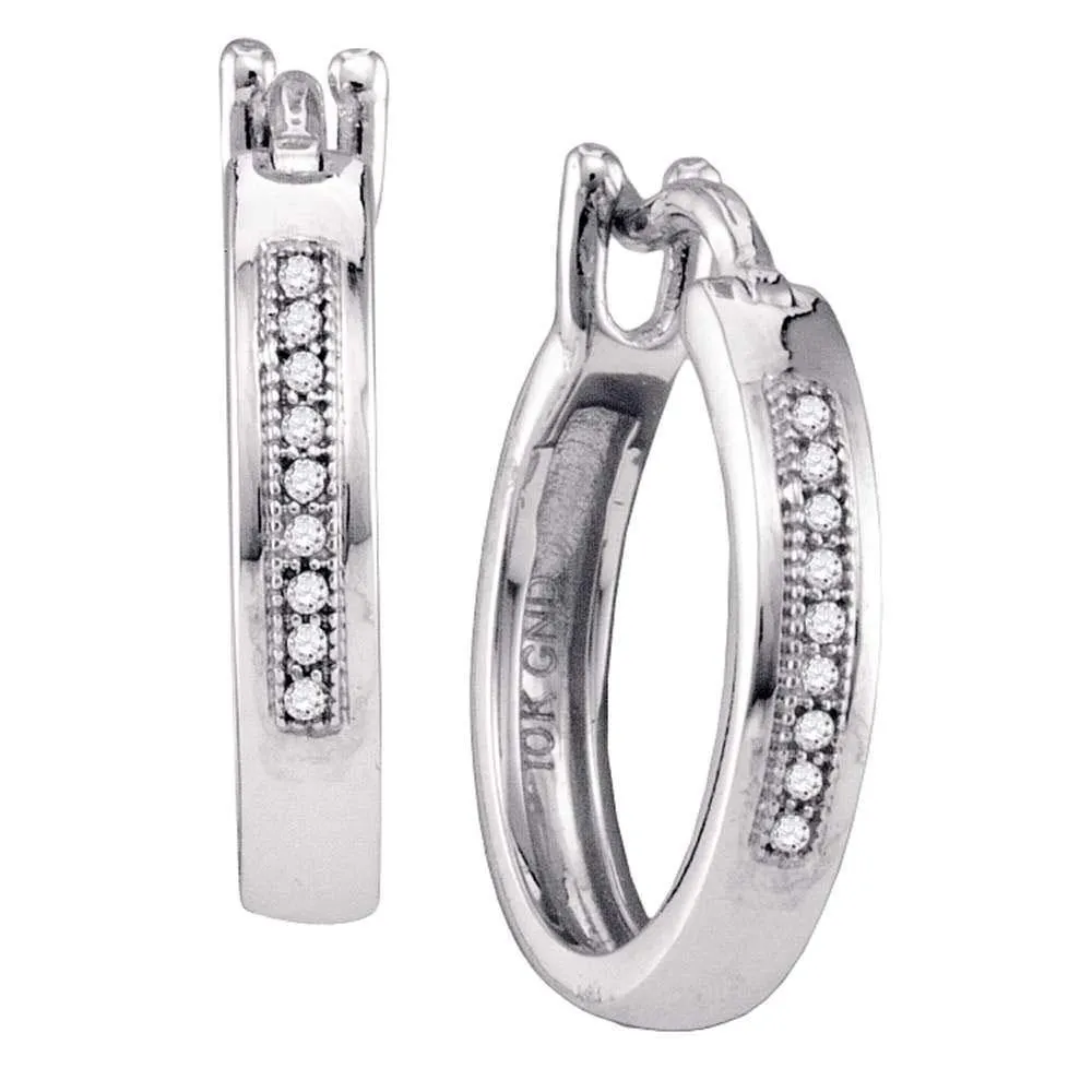 10K White Gold Round Diamond Hoop Earrings 1/20 Cttw