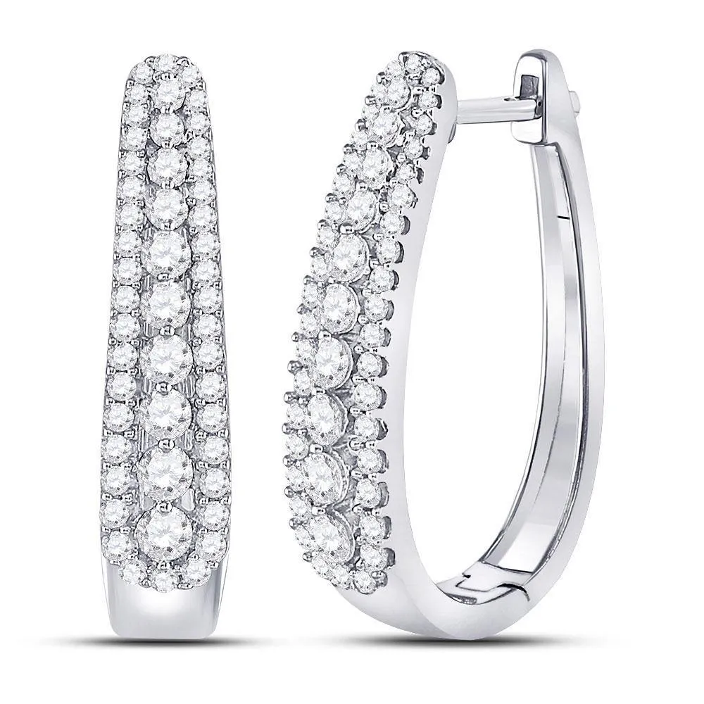 10K White Gold Round Diamond Oblong Hoop Earrings 7/8 Cttw
