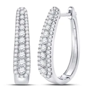 10K White Gold Round Diamond Oblong Hoop Earrings 7/8 Cttw