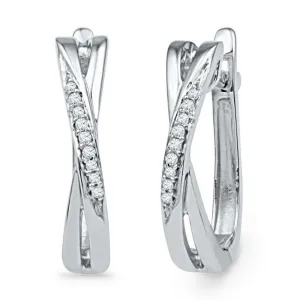 10K White Gold Round Diamond Slender Crossover Hoop Earrings 1/20 Cttw