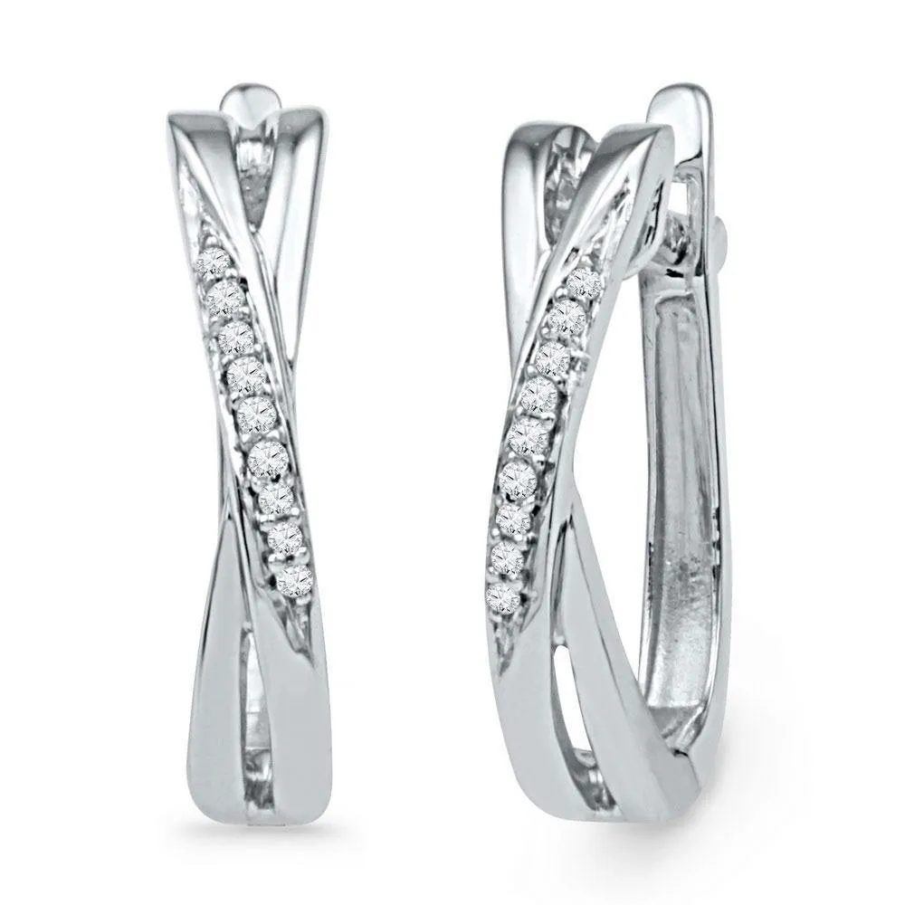 10K White Gold Round Diamond Slender Crossover Hoop Earrings 1/20 Cttw