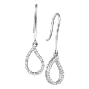 10K White Gold Round Diamond Teardrop Outline Wire Dangle Earrings 1/6 Cttw