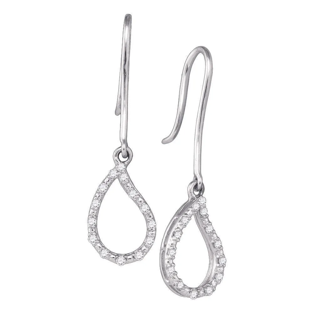 10K White Gold Round Diamond Teardrop Outline Wire Dangle Earrings 1/6 Cttw