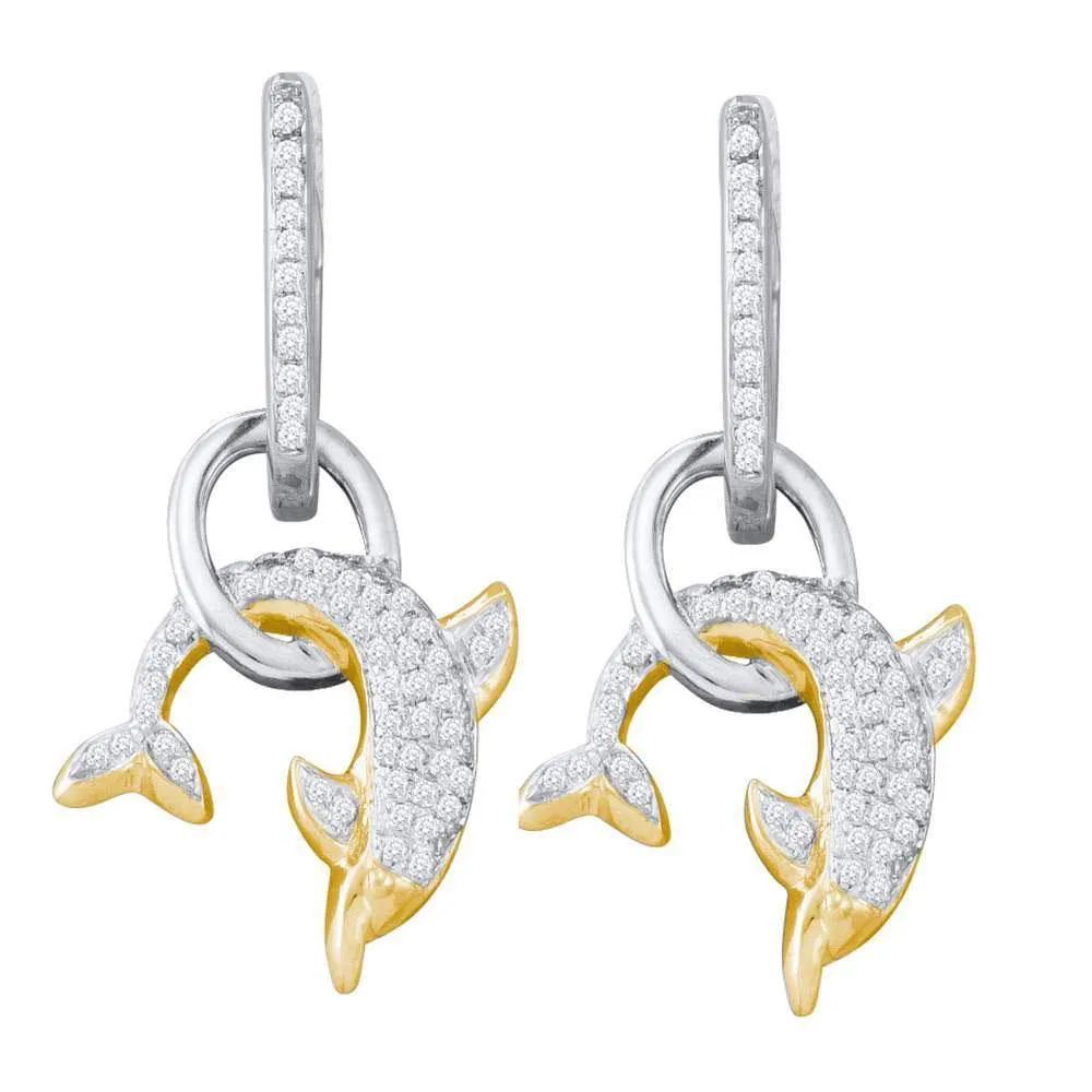 10k White Gold Round Pave-set Diamond Dolphin Nautical Dangle Earrings 1/3 Cttw