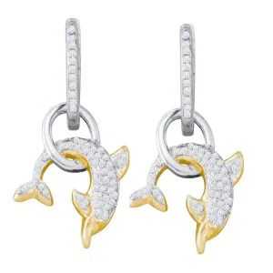 10k White Gold Round Pave-set Diamond Dolphin Nautical Dangle Earrings 1/3 Cttw
