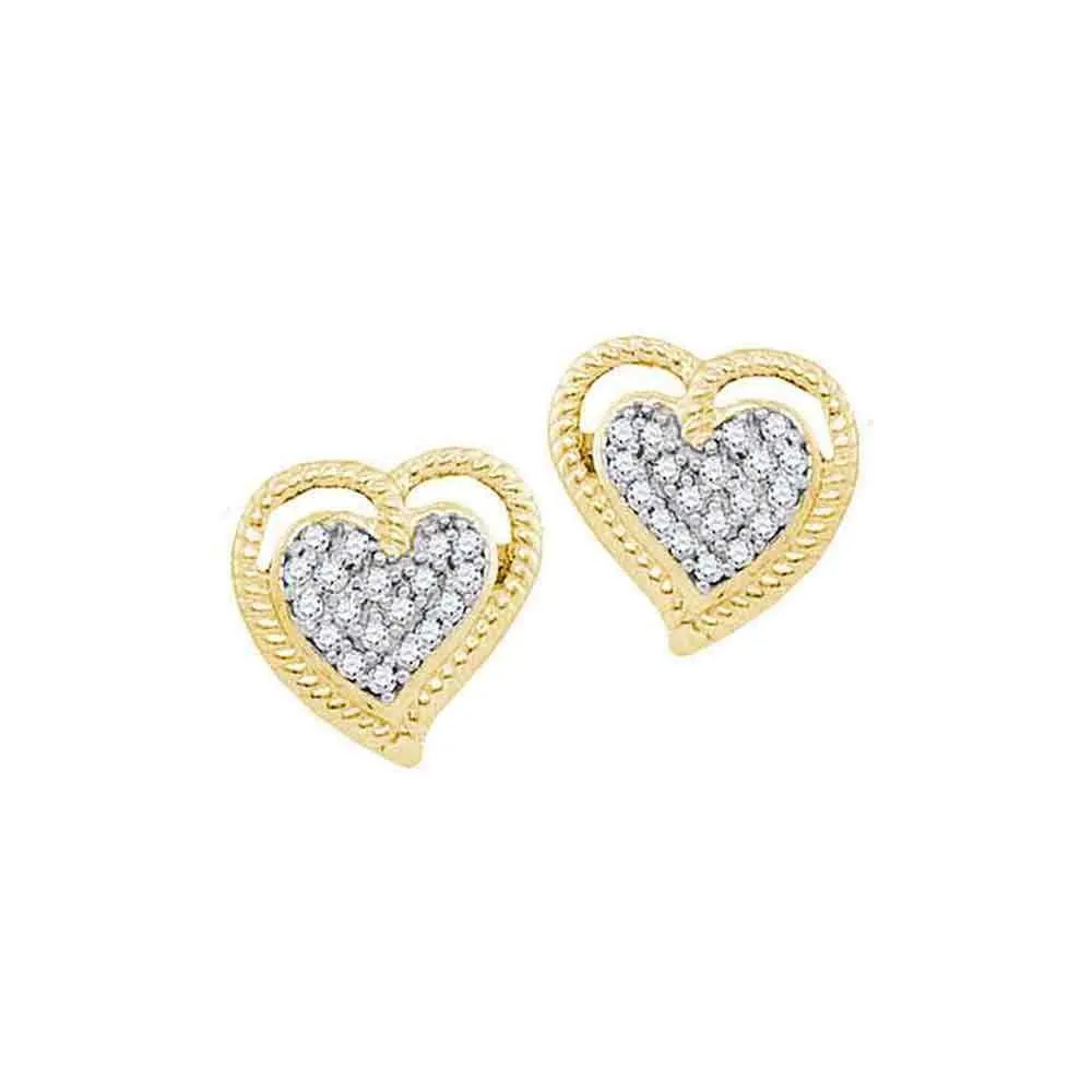 10K Yellow Gold Round Diamond Milgrain Heart Cluster Earrings 1/10 Cttw