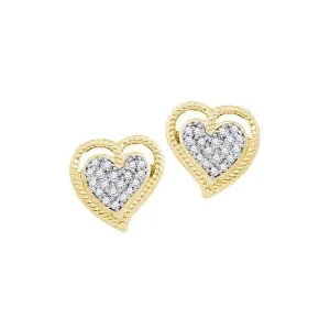10K Yellow Gold Round Diamond Milgrain Heart Cluster Earrings 1/10 Cttw