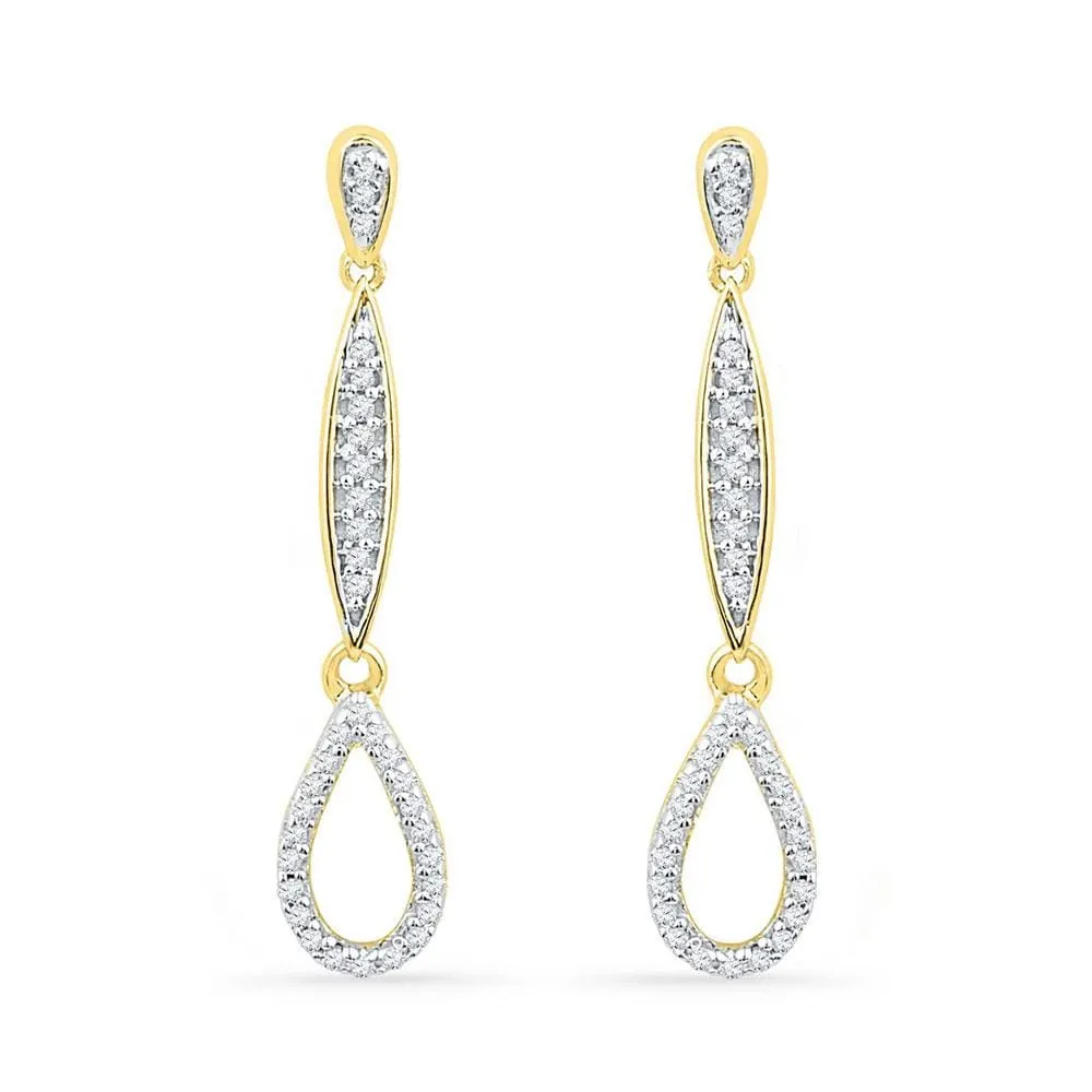 10kt Yellow Gold Womens Round Diamond Slender Teardrop Dangle Earrings 1/5 Cttw