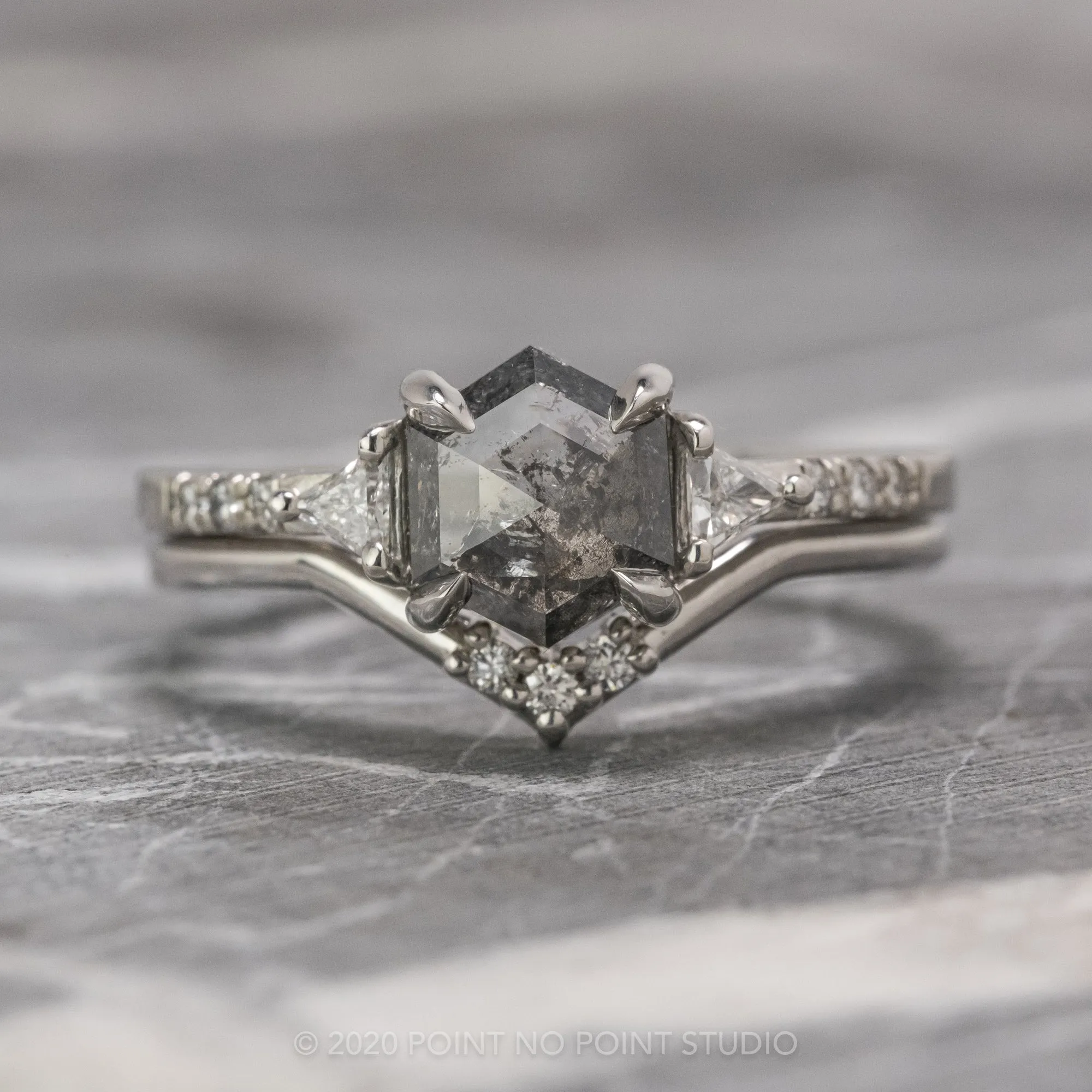 1.25 Carat Black Speckled Hexagon Diamond Engagement Ring, Eliza Setting, Platinum