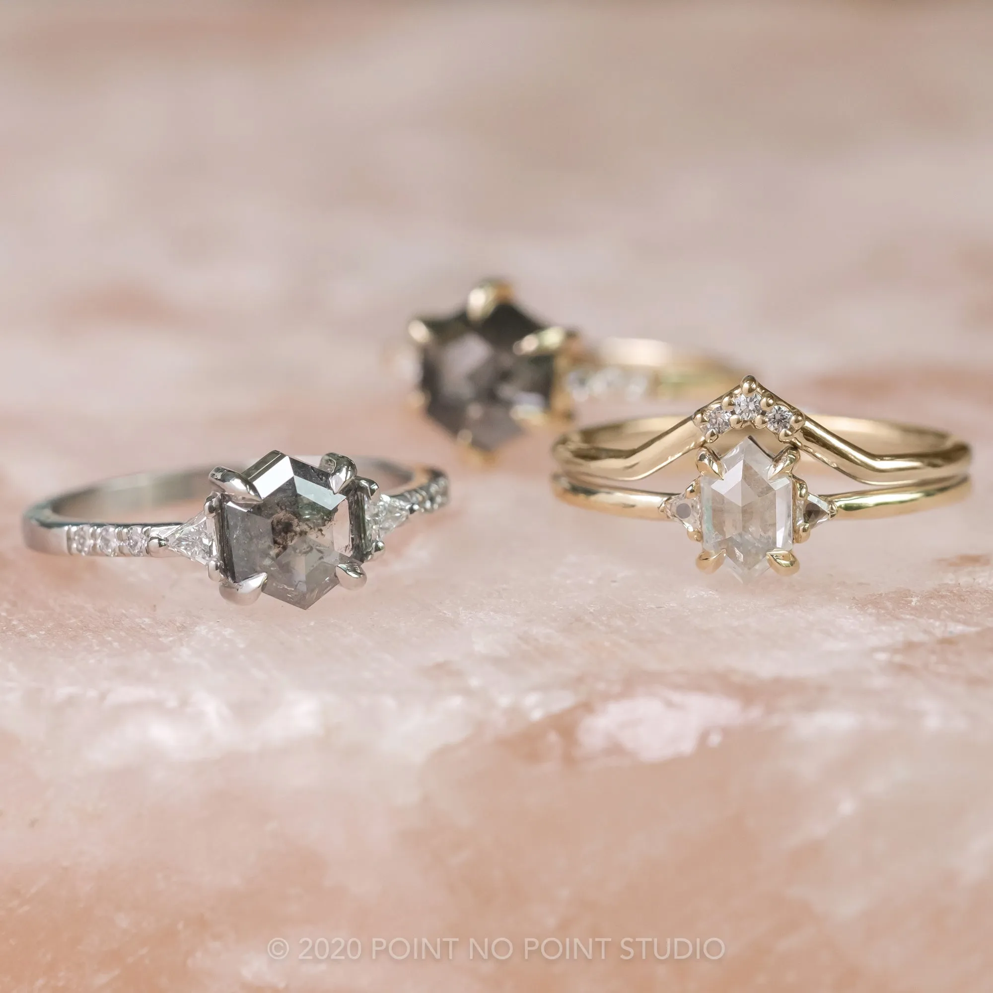 1.25 Carat Black Speckled Hexagon Diamond Engagement Ring, Eliza Setting, Platinum