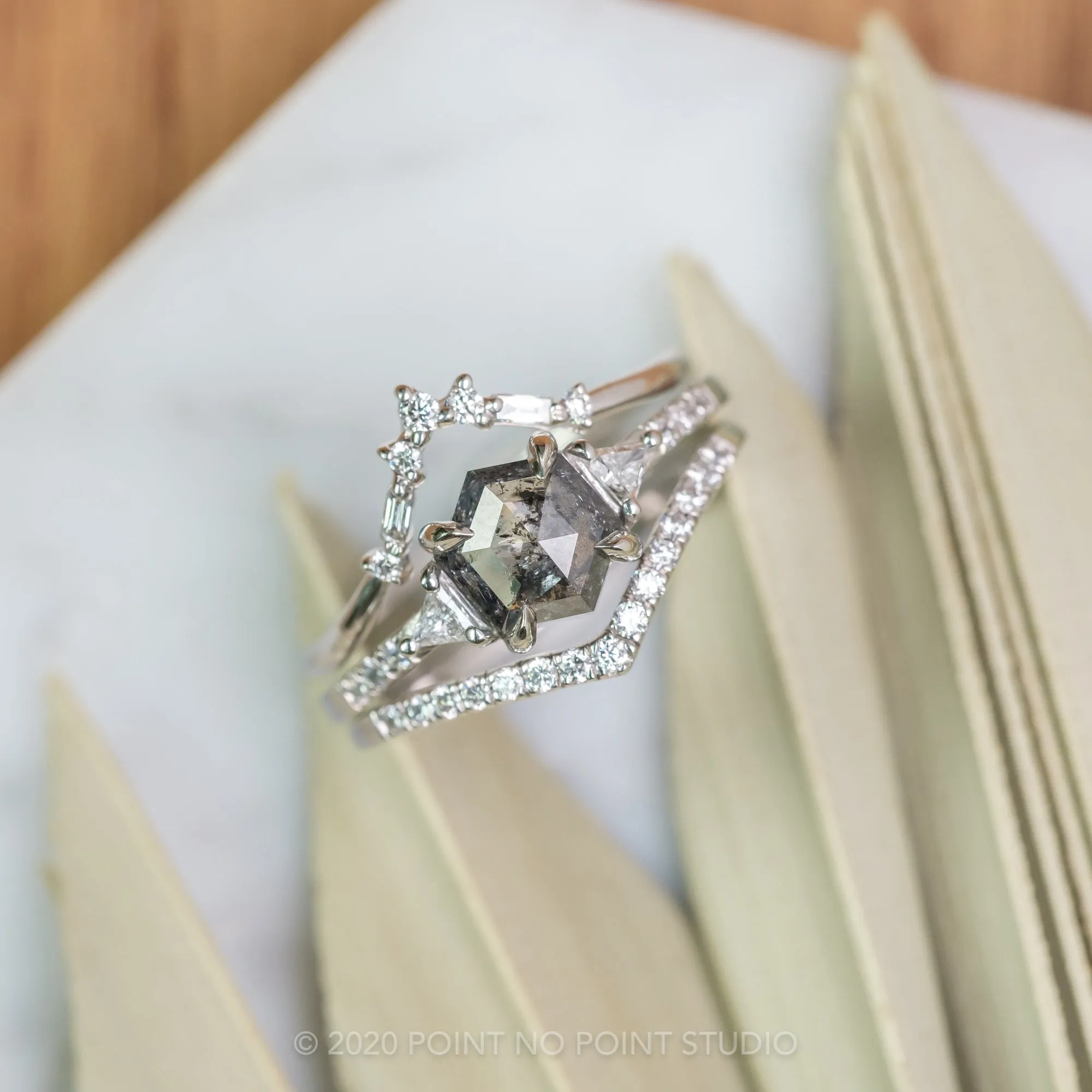 1.25 Carat Black Speckled Hexagon Diamond Engagement Ring, Eliza Setting, Platinum