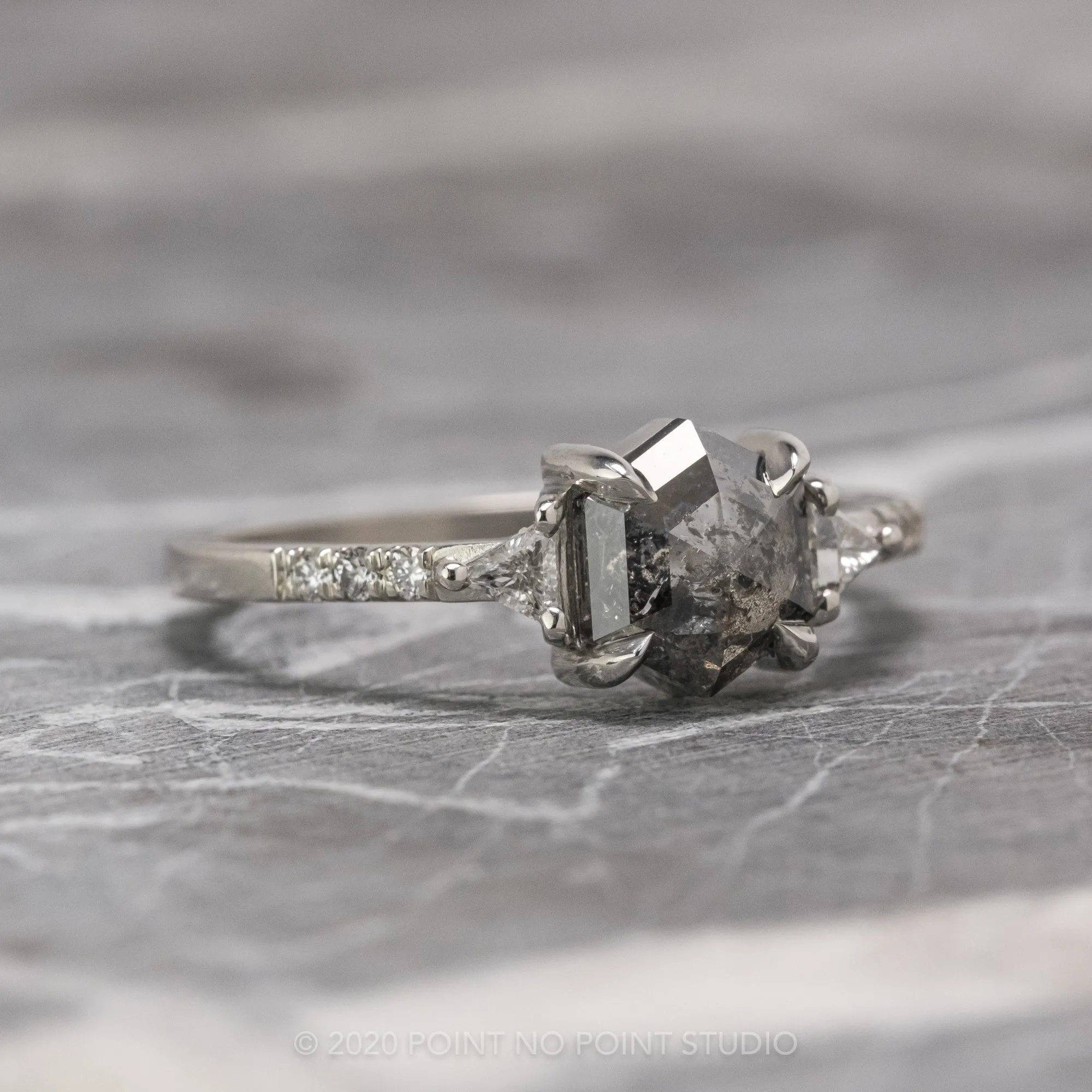 1.25 Carat Black Speckled Hexagon Diamond Engagement Ring, Eliza Setting, Platinum