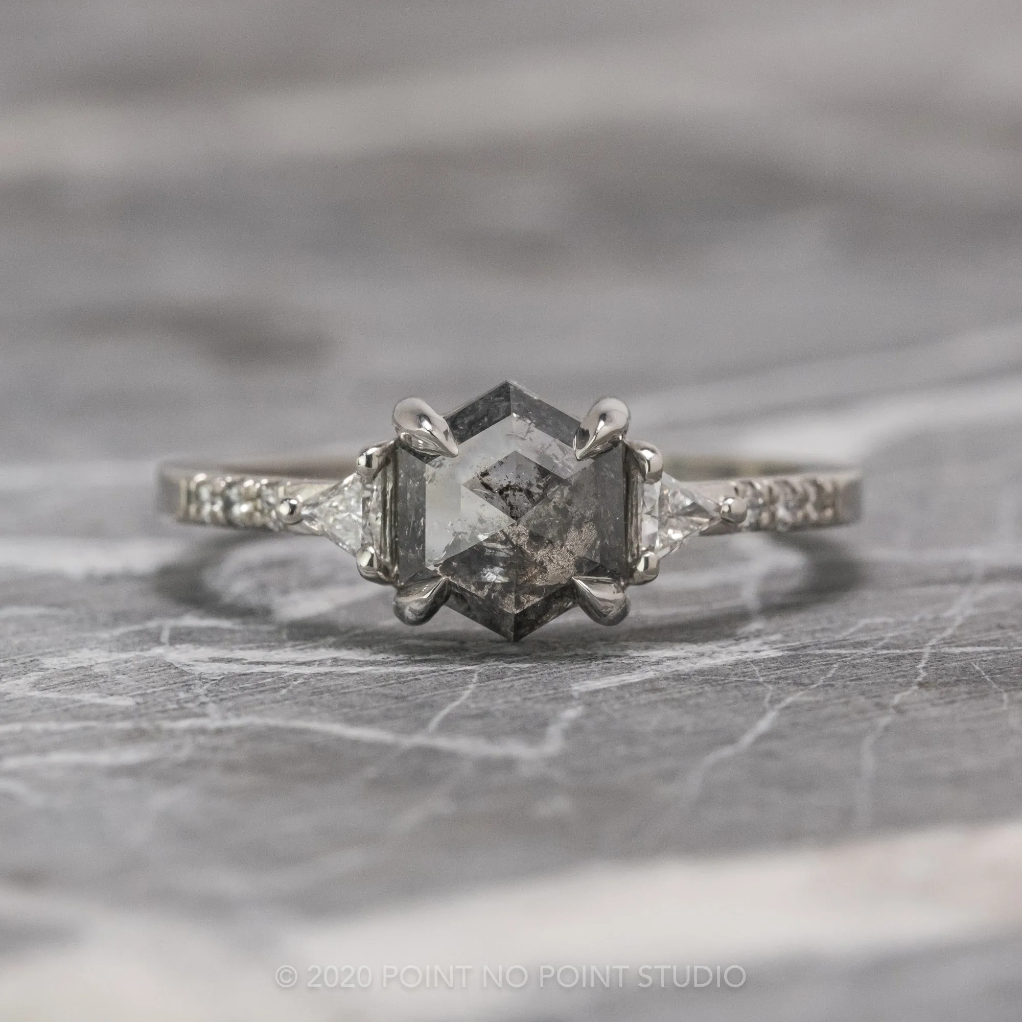 1.25 Carat Black Speckled Hexagon Diamond Engagement Ring, Eliza Setting, Platinum