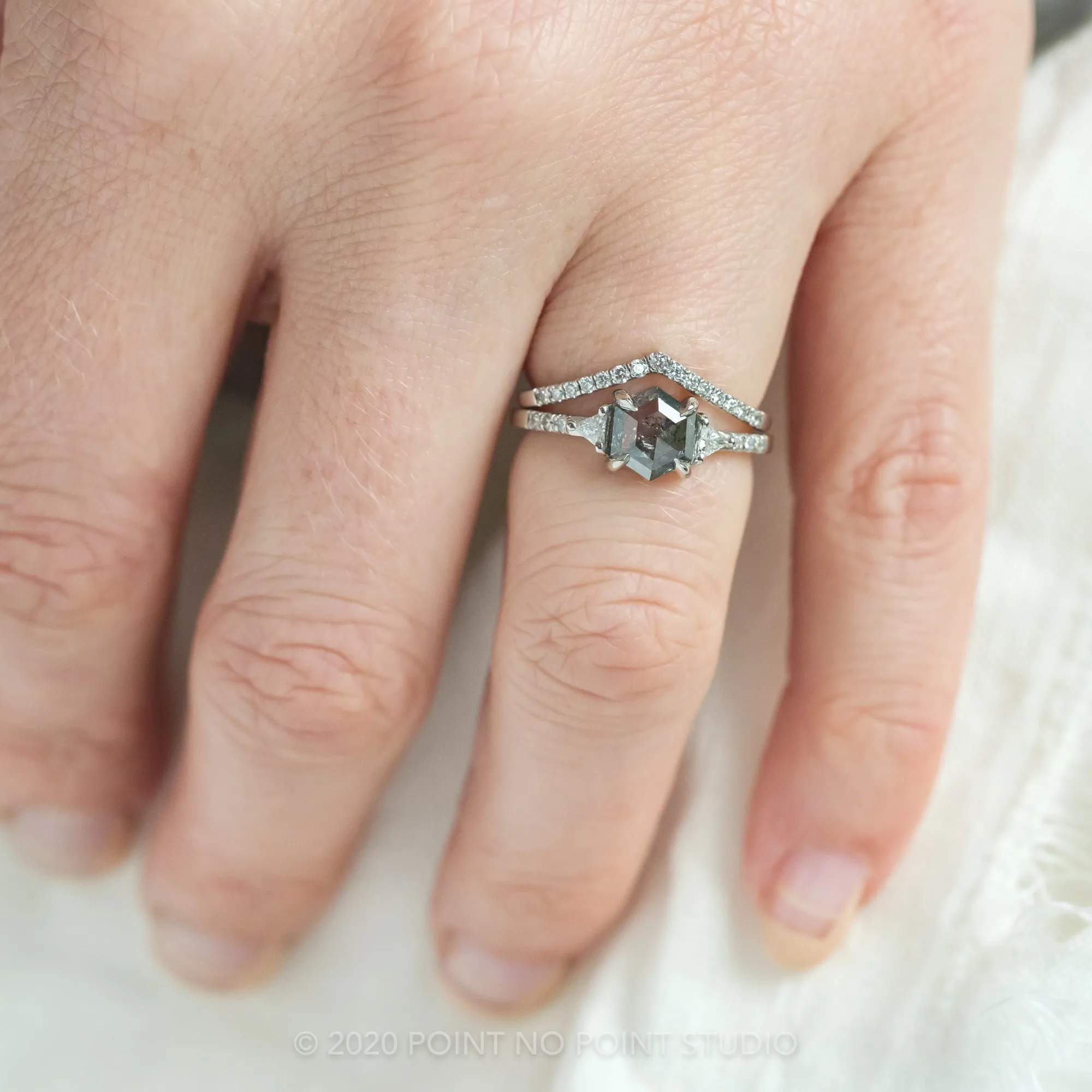 1.25 Carat Black Speckled Hexagon Diamond Engagement Ring, Eliza Setting, Platinum