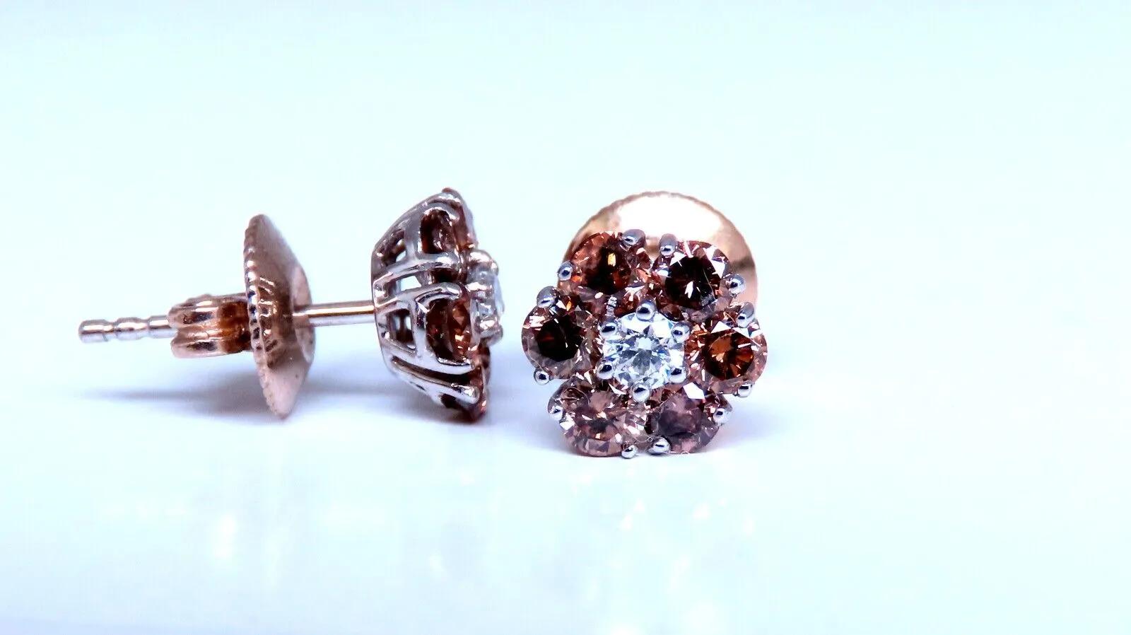 1.30ct. natural round diamond cluster earrings 14 karat Fancy Browns