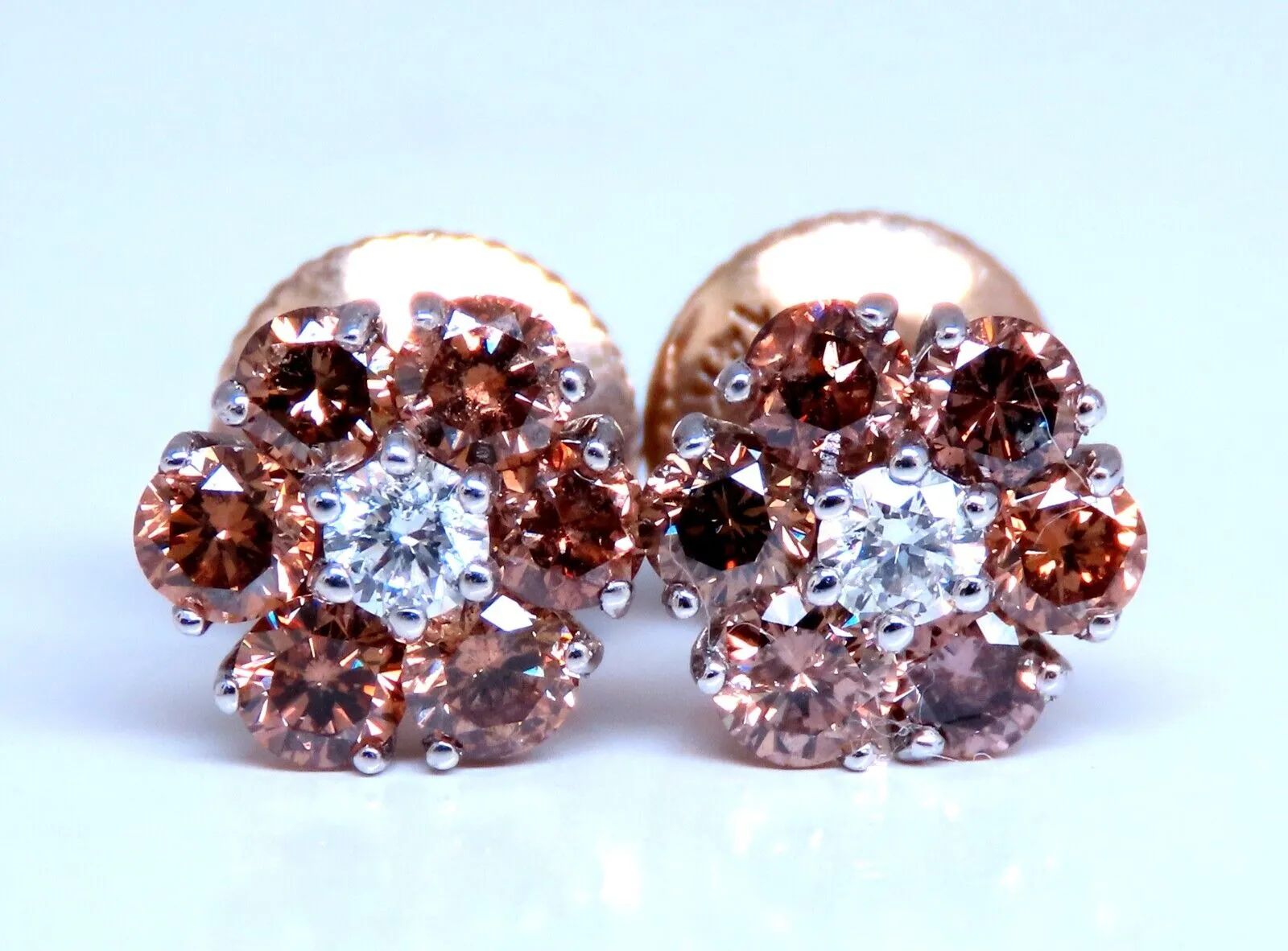 1.30ct. natural round diamond cluster earrings 14 karat Fancy Browns