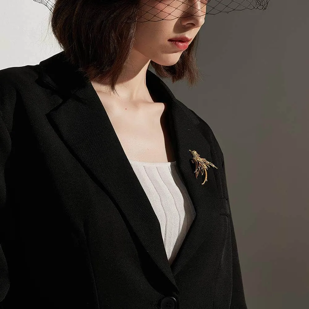 14K Gold Colorful Crystal Phoenix Bird Brooch