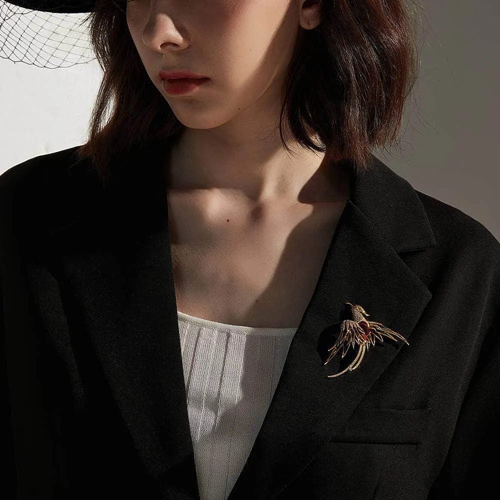14K Gold Colorful Crystal Phoenix Bird Brooch