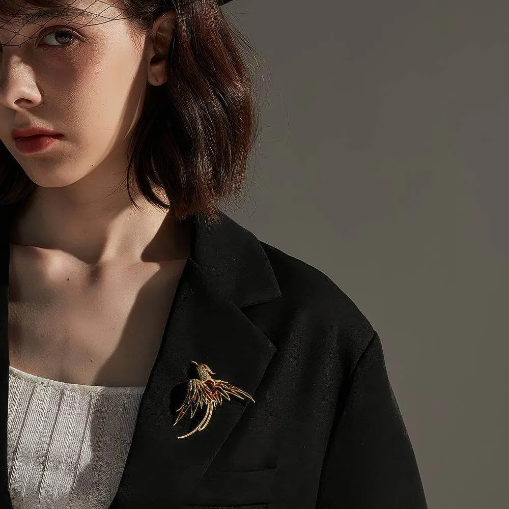 14K Gold Colorful Crystal Phoenix Bird Brooch