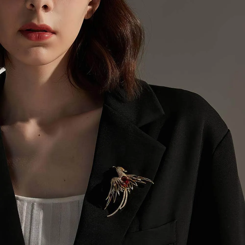 14K Gold Colorful Crystal Phoenix Bird Brooch