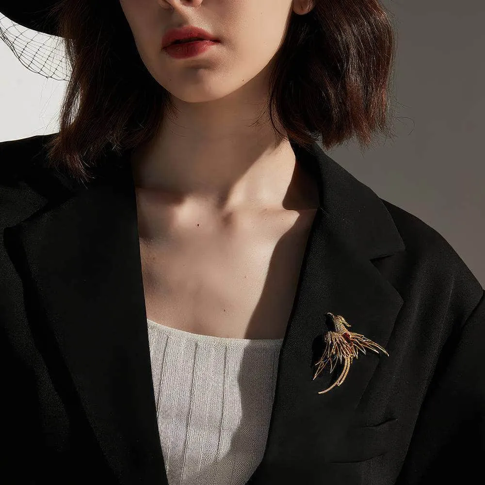 14K Gold Colorful Crystal Phoenix Bird Brooch