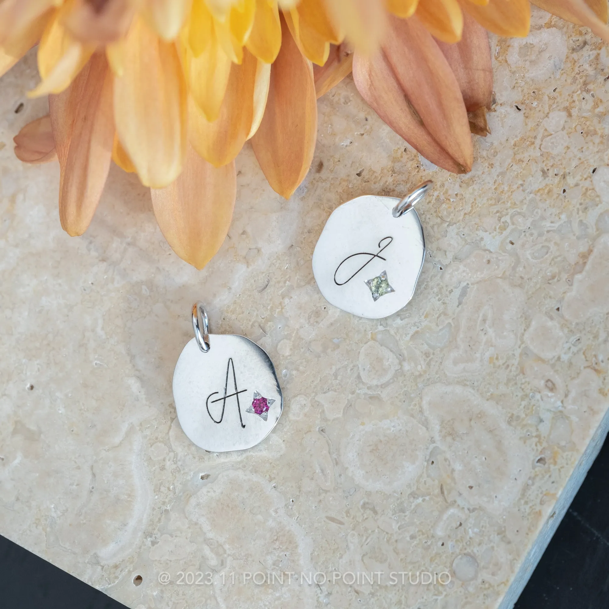 14k Gold Engraved Viero Single Initial & Birthstone Small Organic Unique Charm