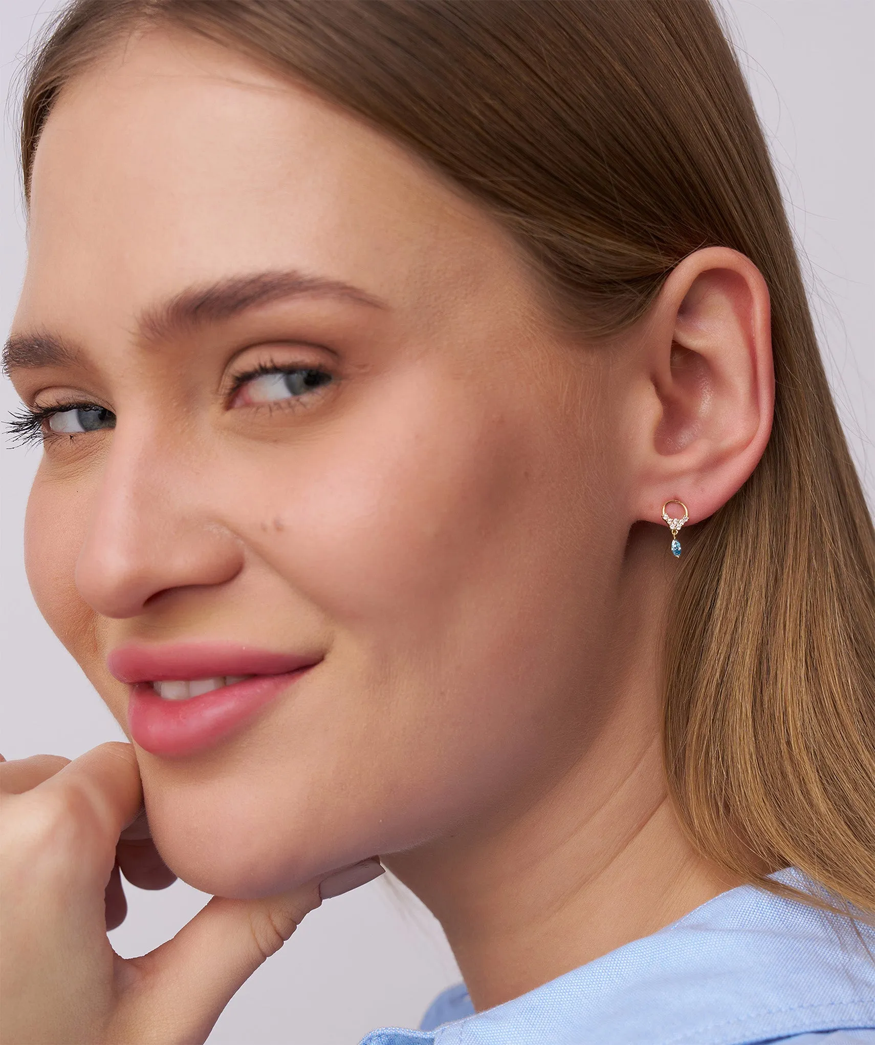 14K Gold Hoop Earrings with Blue Drop