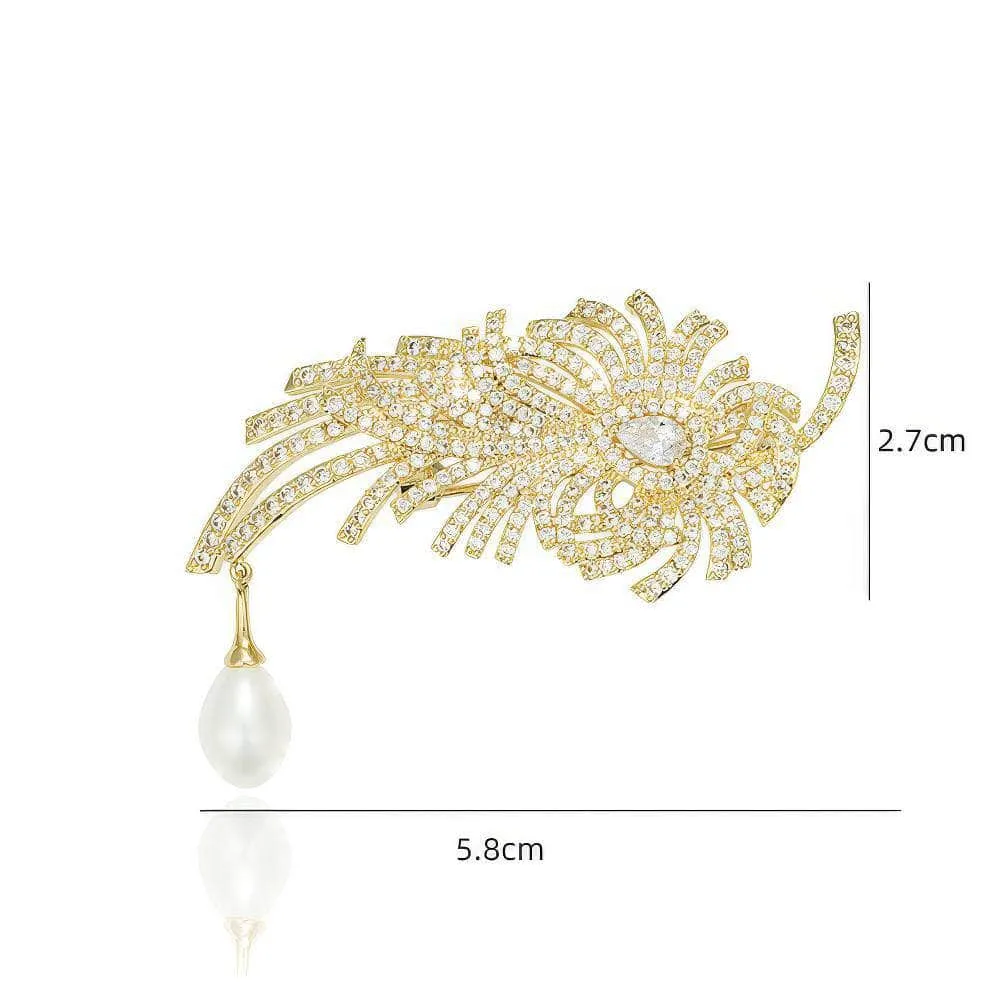 14k Gold Leaf Decor Paved Crystal Pearly Brooch