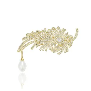 14k Gold Leaf Decor Paved Crystal Pearly Brooch