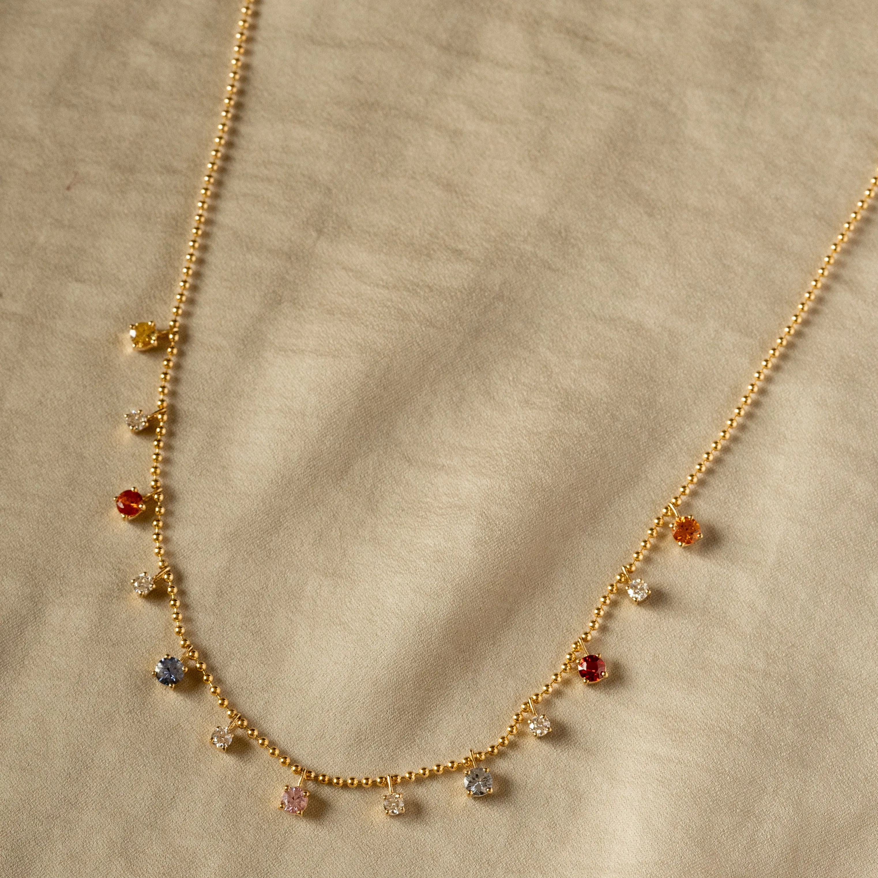 14K Gold Multicolor Sapphire Diamond Bead Necklace