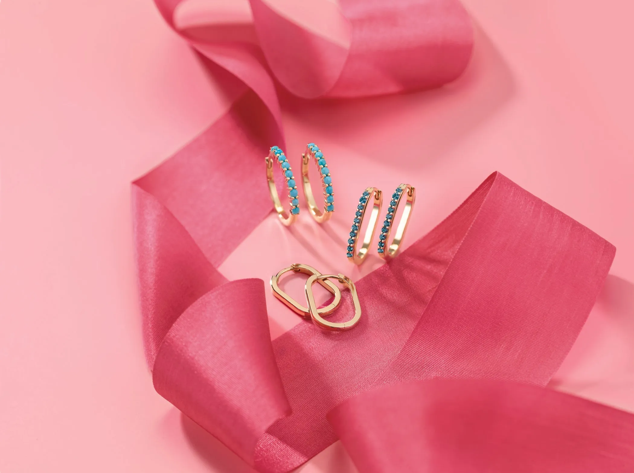 14K Gold Natural White Sapphire, London Blue Topaz, Mozambique Garnet, Tsavorite Garnet Hoop Earrings