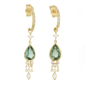14K Gold Pave Diamond Hoops with Teardrop Green Tourmalines
