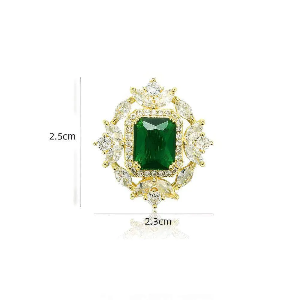 14k Gold Paved Crystal Emerald Gemstone Brooch