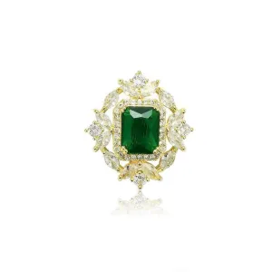 14k Gold Paved Crystal Emerald Gemstone Brooch