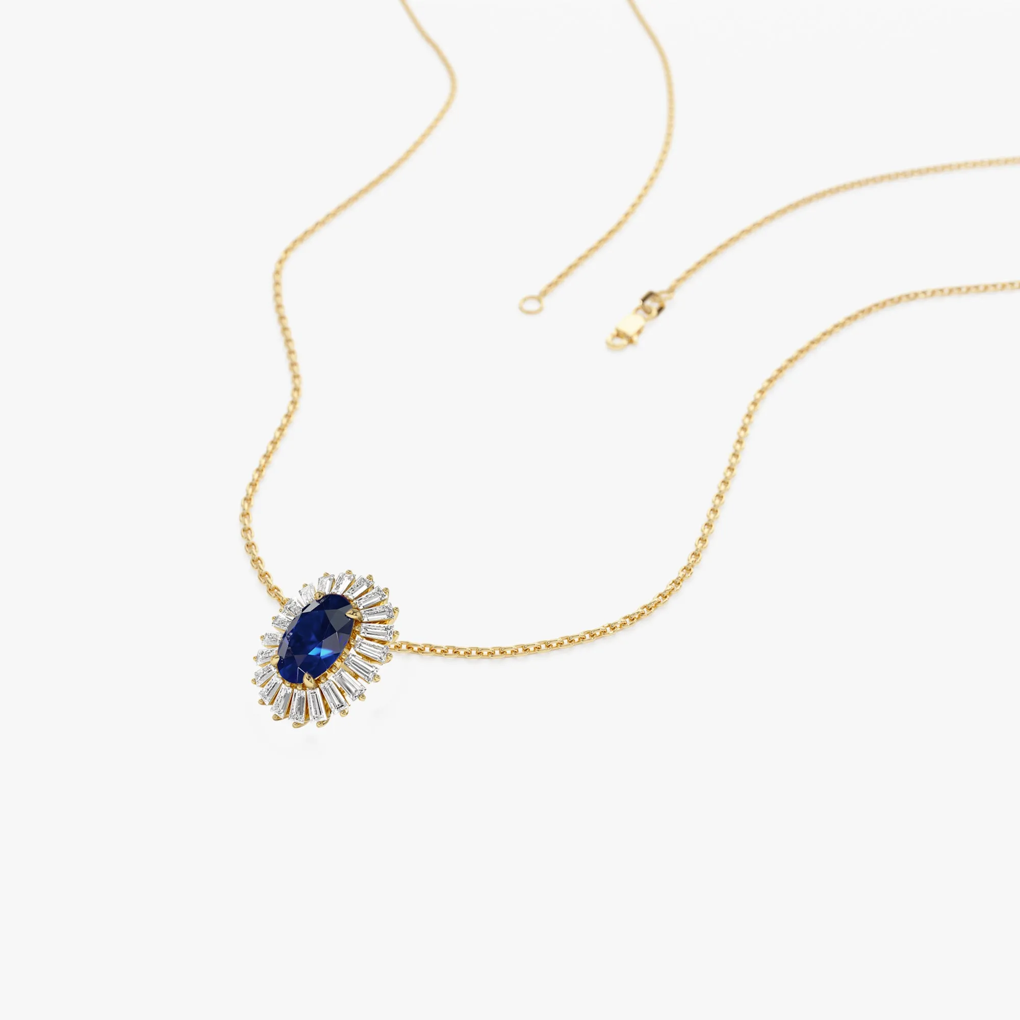 14k Oval Shape Sapphire with Baguette Halo Setting Necklace