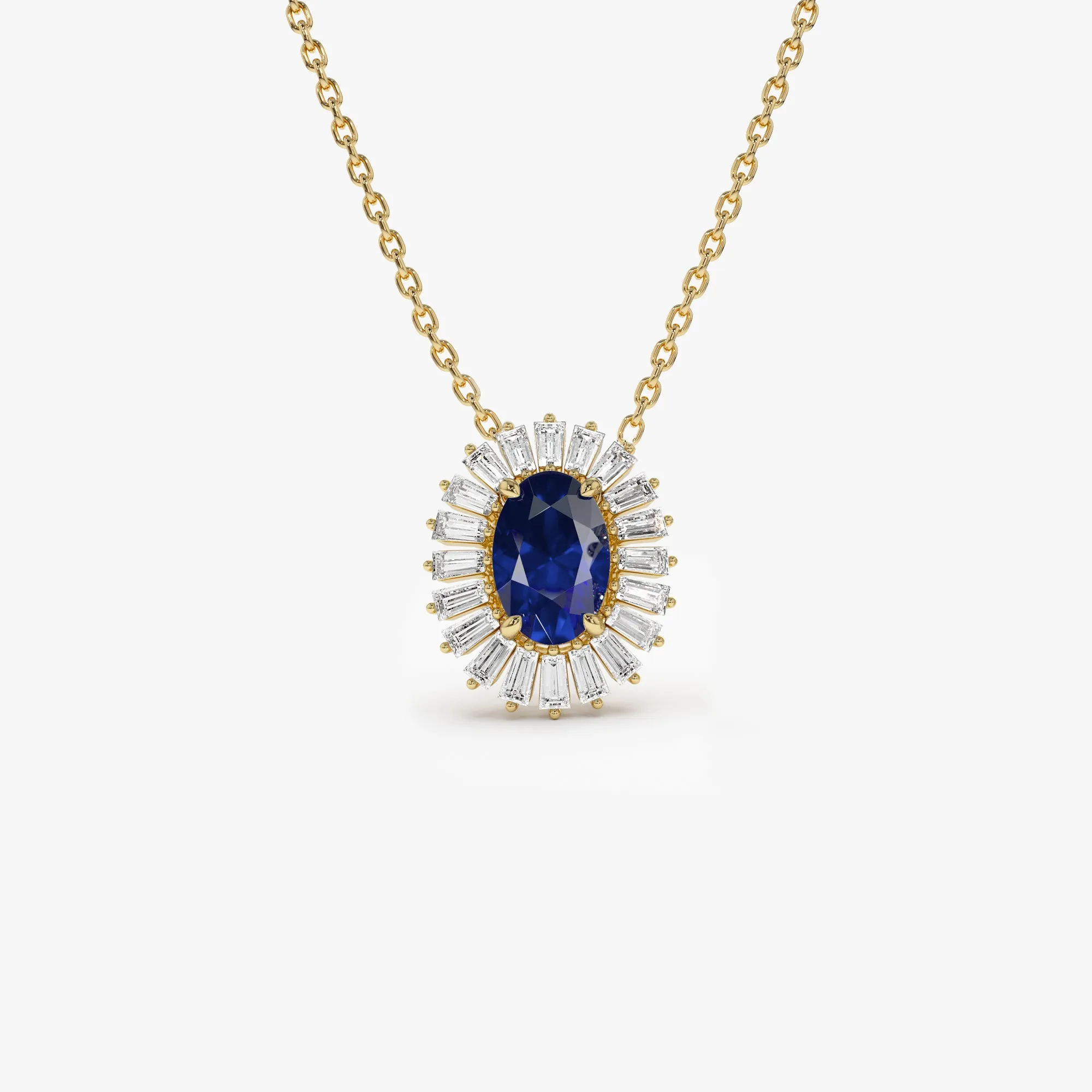 14k Oval Shape Sapphire with Baguette Halo Setting Necklace