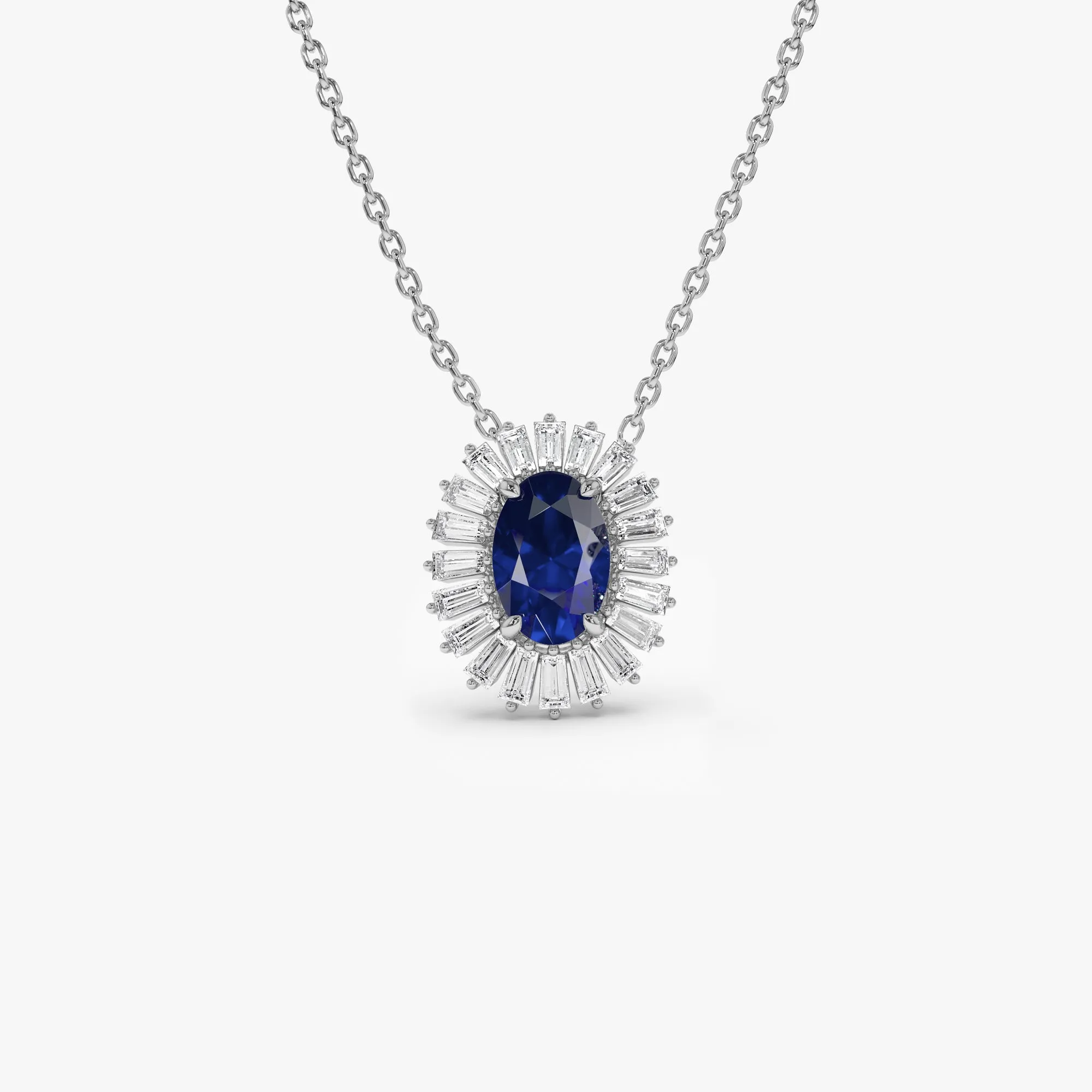 14k Oval Shape Sapphire with Baguette Halo Setting Necklace