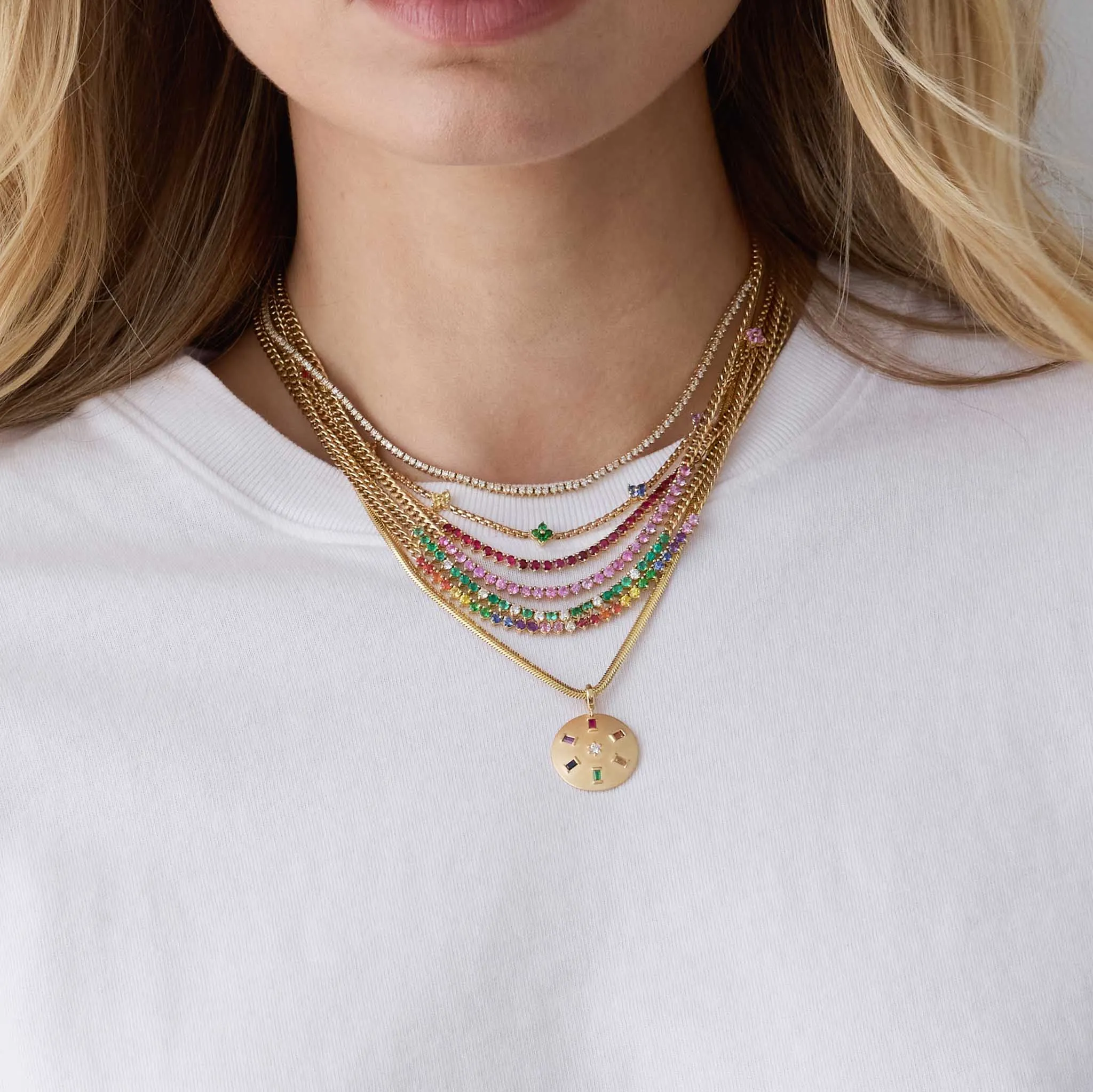 14k Rainbow Sapphire Quad Station Box Chain Necklace