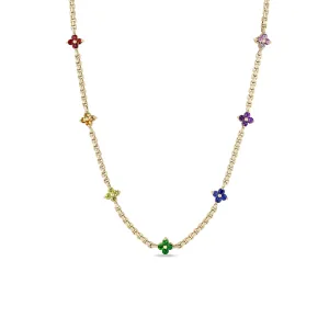 14k Rainbow Sapphire Quad Station Box Chain Necklace