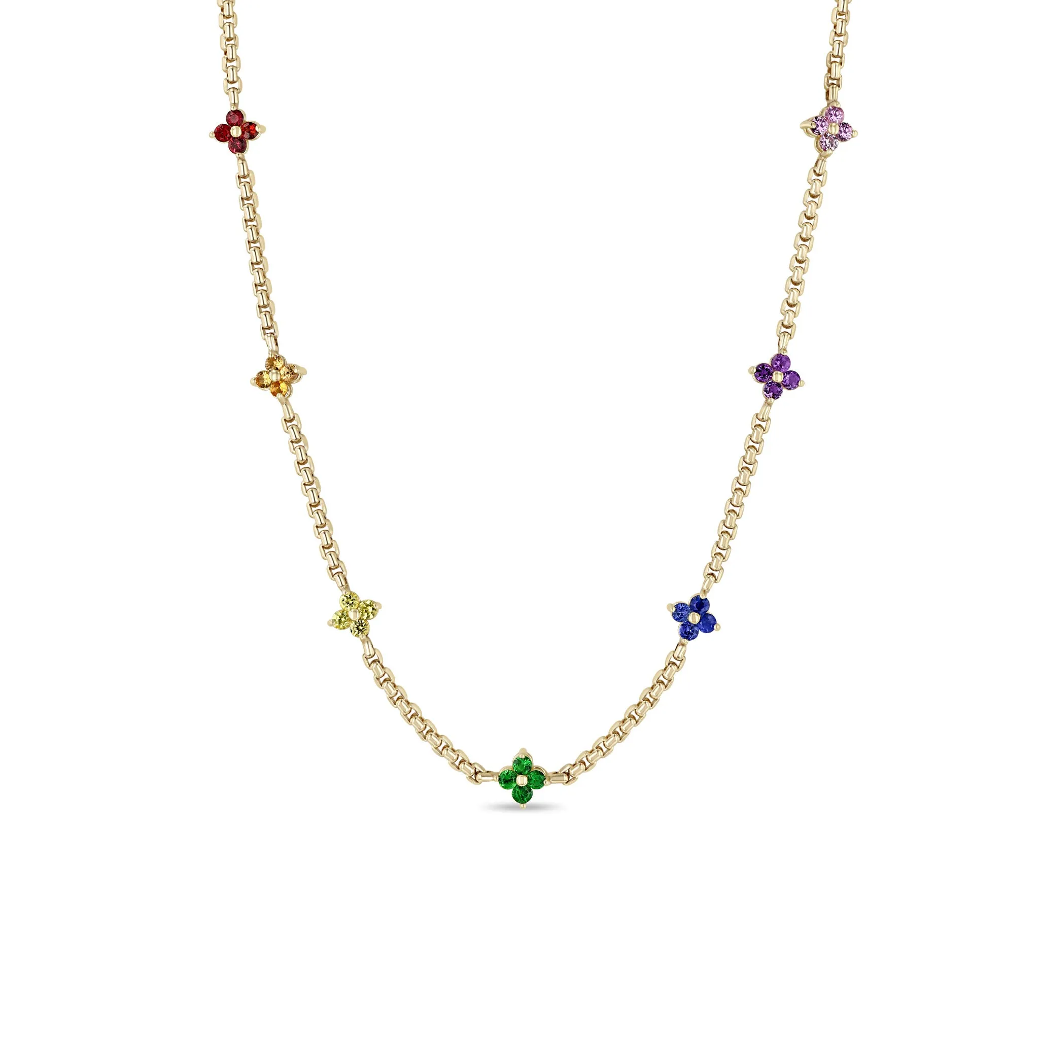 14k Rainbow Sapphire Quad Station Box Chain Necklace